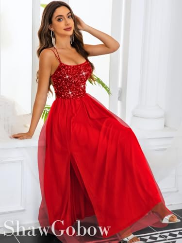 Image of ShawGobow Tulle Prom Dress with Slit,Sequin Backless Long Flowy Dresses for Women,Sexy Sparkly Outfits Homecoming Wedding