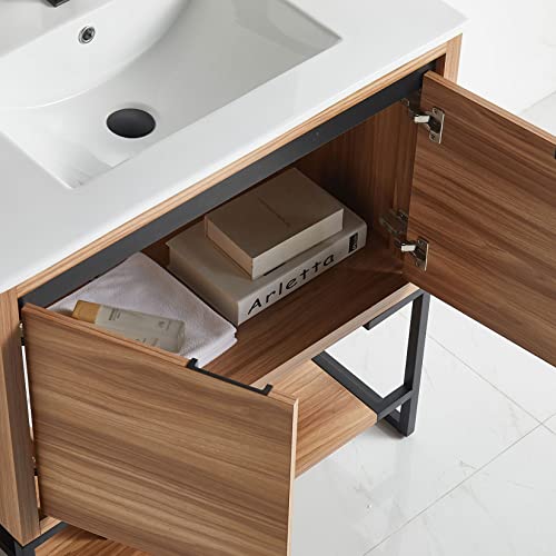 Freestanding Bathroom Vanity Storage Cabinet With Ceramic Sink, Bathroom Vanity Sink Combo For Small Space, 2 Soft Close Doors,Large Open Shelf, Maple(32" L X 18" W X 35" H) #TOP2