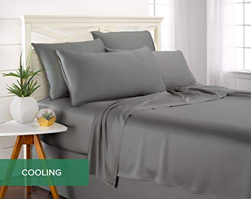 Image of Pure Bamboo Split King Sheets, Genuine 100% Organic Viscose Derived from Bamboo Bed Sheet Set, Soft & Cooling, Double Stitching, 2 Fitted Sheets (Split King, Stone Grey)