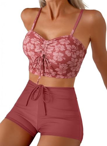 Herseas Women's Full Coverage Bathing Suit Tummy Control Tankini Swimsuits Fashion Boho Swimwear Athletic High Rise Bikini Sets Retro Swim Shorts Dusty Pink Large