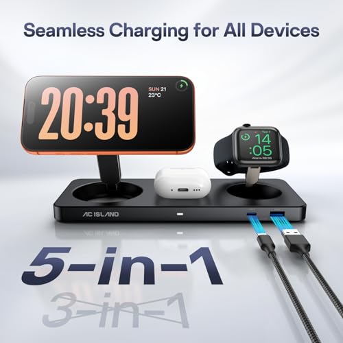 Image of AC ISLAND 5-in-1 Wireless Charger for MagSafe, 25W Foldable Magnetic Stand, Qi2.2 Travel Charging Station for iPhone 17-12 & Air Series, Apple Watch, AirPods, with 65W GaN Adapter, Samsung Galaxy