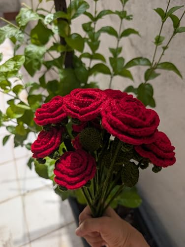 Image of Prapti Handicrafts Handmade Crochet Red Rose Artificial Flowers for Vase, Home Decoration (5, red Rose)