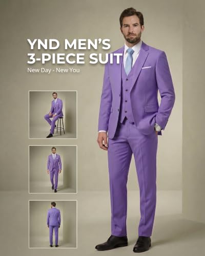 Image of YND Men's 3 Piece Suit with Tie, Solid Color Slim Fit Jacket Vest and Pants
