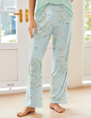 Image of Ekouaer Pajama Sets for Women 2 Piece Short Sleeve Pj V Neck Chest Pocket | Ladies Pajama Sets with Printed Long Pants, Soft Matching Pj Sleepwear, Casual Loose Fall Loungewear, S-XXL