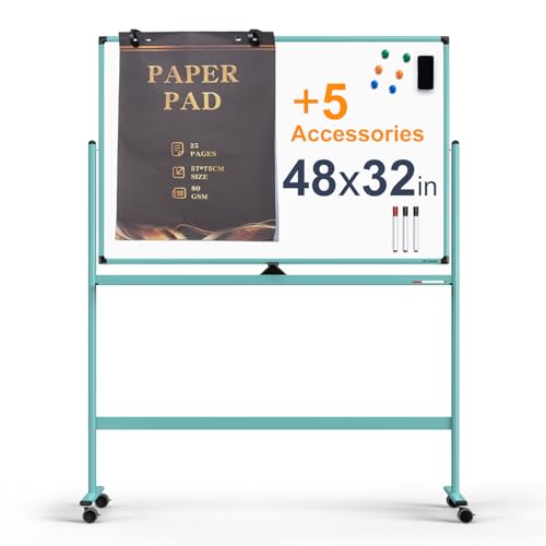 Image of Large Dry-Erase Rolling Magnetic Whiteboard - 48 x 32 Inches Dry Erase Board with Stand Height Adjust Double Sides Mobile White Board Easel on Wheels with 25 Sheets Paper Pad Office, Home & Classroom