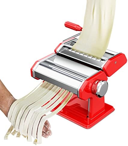 Pasta Maker Machine, Pastas Roller, Noodle Cutter, Stainless Steel, 8”x6”, 150 mm, Red, Dough Conditioning, Adjustable Thickness, Clay Polymer Press, Manual, Hand Crank, Pastamaker Machines
