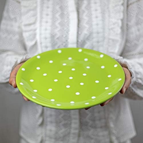 City to Cottage® Lime Green and White Pottery | Polka Dot Spotty | Handmade Hand Painted | Glazed Ceramic 10inch/25.5cm Flat Dinner Plate | Unique Dinnerware