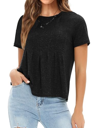 EXLURA Womens Summer Cute Crop Tops Short Sleeve Pleated Tshirts Crewneck Business Trendy Blouse Beach Vacation Outfits 2025