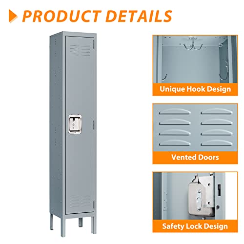 Image of Metal Locker for Home, Dressing Room, Gym, 65.98 inch Steel Storage Lockers for Employees, Lockable Locker Cabinet with 1 Door (Grey)