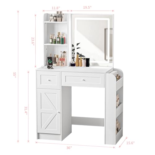 Image of Zvivofla Makeup Vanity Desk with Lighted Mirror & Power Outlet, White Vanity Table with 3 Color LED Lights, Shelves, Drawers, Cabinet, Modern Bedroom Dressing Table