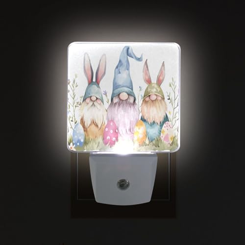 Image of Easter Gnomes Easter Watercolor Night Lights 2 Pack Plug-in Wall Led Nightlight Auto Dusk-to-Dawn Sensor Lamps for Bedroom Kitchen Bathroom