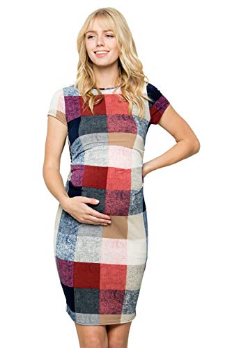 My Bump Women's Maternity Bodycon Causual Short Sleeve Mama Dress(Made in USA)(Navy_Rust SYAD, Large)