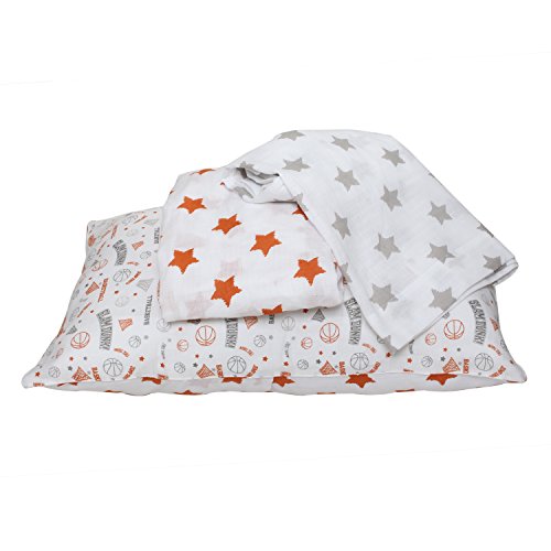 Bacati - Muslin Sports 3 Piece Boys Toddler Bed Sheet Set 100 Percent Cotton Includes Fitted Sheet, Top Sheet, And Pillow Case (3 Pc Toddler Bedding Sheet Set, Basketball Orange/Grey) #TOP2