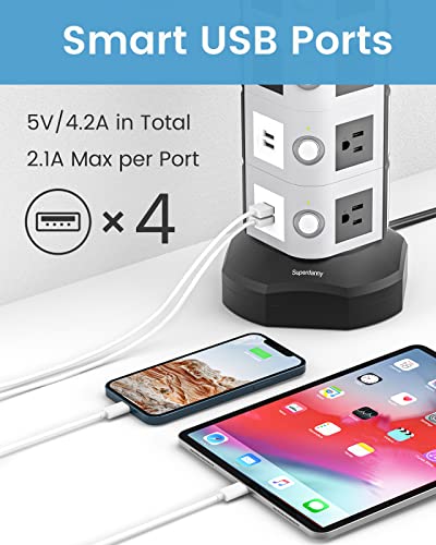 Surge Protector Power Strip Tower, Superdanny 3000W 4.2A With 4 Usb Prots 14 Outlets, 6.5Ft Extension Cord Desktop Charging Station 900 Joules, 3-Prong, Grounded, Multiple Protections For Home, Office #TOP2