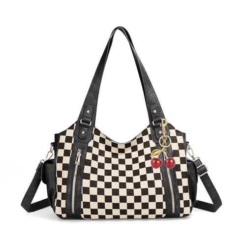 Image of hibear Checkered Hobo Bag for Women City Tote Handbag Trendy Slouchy Crossbody Bag Canvas Vintage Shoulder Bag 2026 New