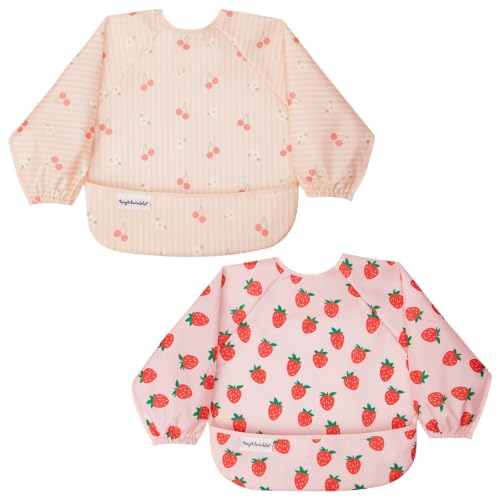 Image of Tiny Twinkle Long Sleeve Bib for Babies&Toddlers|2-Pack Waterproof Smock Bib for Eating|Machine Washable&Mess-Proof Feeding Essentials|Newborn Shower Gift(Cherry Coquette,Strawberries,6-24M)