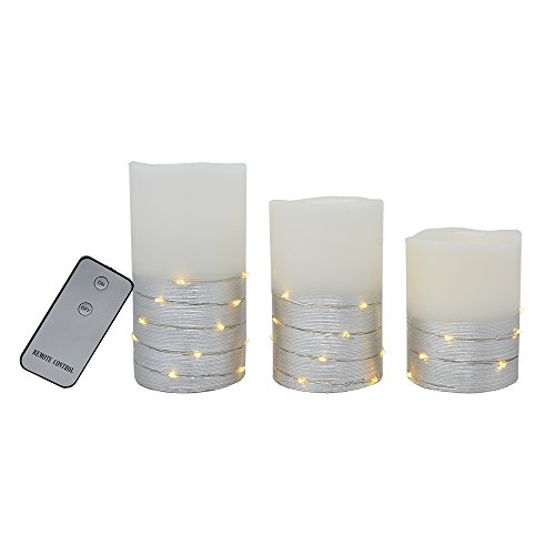 THE NIFTY NOOK Enchanting Flameless LED Candles Lights with Silver Banding and LEDs Wrapped Around Real Wax Pillar Candles with Remote Control - Ivory White, Set of 3