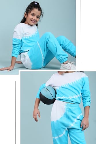 Image of Tweeny Mini Girls Kids Pure Cotton Terry Joggers Set | Tie Dye Co ord Set Winter Combo Outfit with Full Sleeves Sweatshirt and Pants | Relaxed and Comfortable Fittings