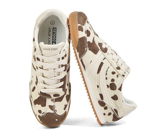 LUCKY STEP Womens Fashion Sneakers Thin Sole Lace up Tennis Shoes Lightweight Walking Running Gym Workout Classic Retro Footwear Anti Slip Trainers(Cow Print 10 B(M) US)