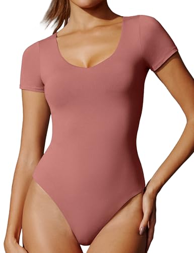 Image of IUGA Bodysuits for Women Tummy Control Body Suits for Womens Compression Slimming Thong Bodysuit V Neck