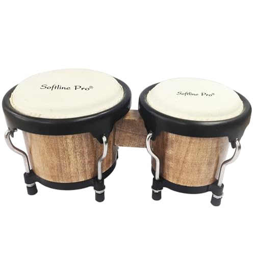 Image of Softline Pro SP-BNG Bongo Drum Set with Tuning Wrench Professional Wooden Percussion Instrument for Beginner Adults Kids (Natural Skin) (Tobacco)