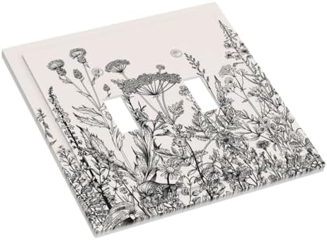 Rustic Vintage Grey Floral Black White Blossom Flower Wildflower Blossom Border Botanical Herb 2 Gang Double Toggle Outlet Light Switch Cover Wall Plate Faceplate Decorative Dual Device Switchplate — view 2
