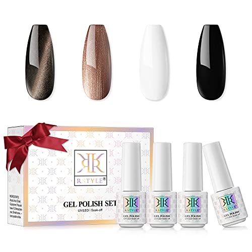 RSTYLE UV Gel Nail Polish Set, 4 Colors Black White Cat Eye Gel Nail Polish Kit UV LED Manicure Nail Starter Kit with Gift Box for Nail Art Design 5ML Tiny Bottle