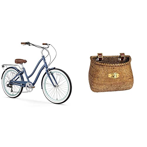 Sixthreezero Evryjourney Women's 7-Speed Step-Through Hybrid Cruiser Bicycle, 26" Wheels And 17.5" Frame, Navy With Brown Seat And Grips& Nantucket Bicycle Basket Co, Stained #TOP1