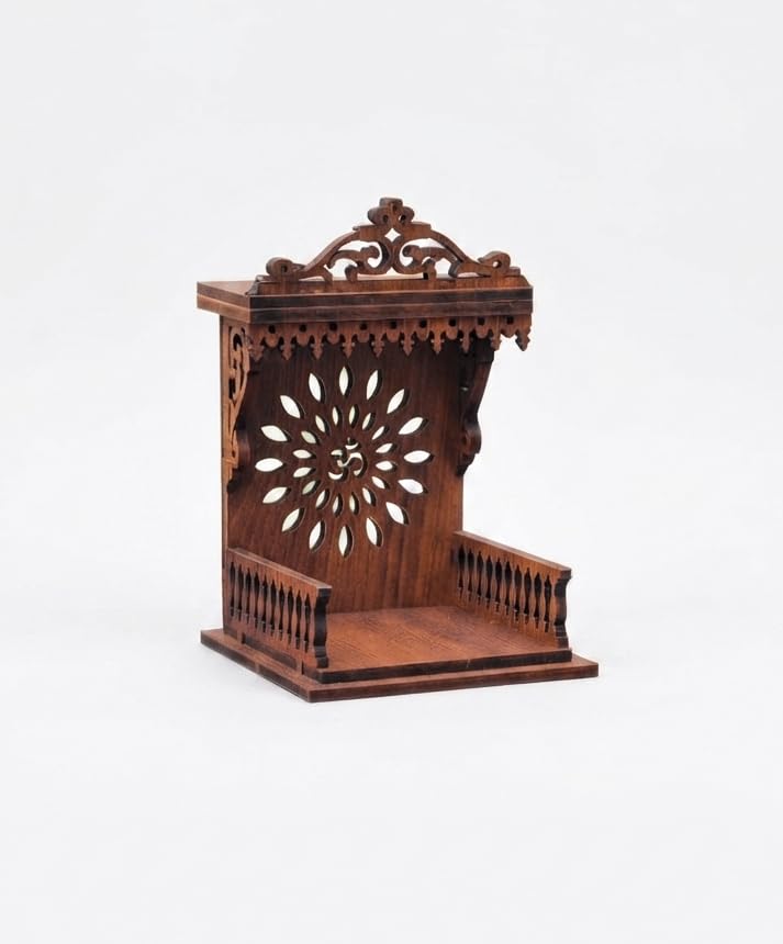 Image of Handcrafted Wooden Car Dashboard Temple, Walnut Finish, Laser-Cut Om Floral Design, MDF Mandir for Car Interior (Open Side Walnut Finish)