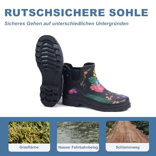 GUGUMIMI Kurz Gummistiefel Damen – Wasserdichte, Rutschfeste Gummistiefel für Regen, Schnee & Matsch, Bequeme Regenschuhe für Damen, Schwarze Blumen, 37 EU
