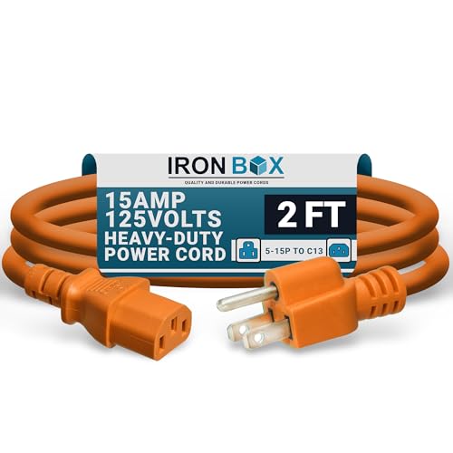 Image of IronBox Electric - Heavy-Duty 5-15P to C13 Power Cord - 3 Prong 15A 125V 14 /3 SJT PC Cable - Cord for Computer, Monitor, Subwoofer, Amplifier - Cable for Power Supply - (Orange 2 Foot)