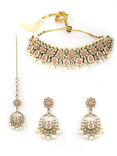 Priyaasi Pink Kundan Pearl Jewellery Set for Women with Mang Tikka | Gold-Plated | Floral-Leaf Design...