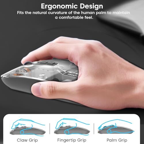 Image of Sounce AeroClick Transparent Wireless and Bluetooth Rechargeable Mouse with 500mAh Battery, 3 Adjustable DPI 800 1200 1600, Dual Bluetooth 5.1 and 2.4GHz Wireless, LED Display for PC Laptop Mac (Grey)