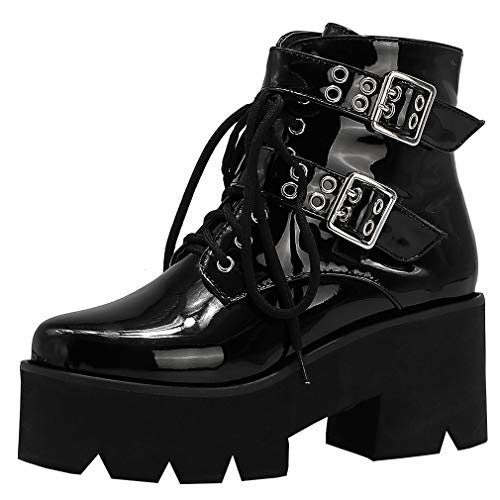 Image of Parisuit Womens Goth Patent Ankle Boots Platform Chunky Combat Boots