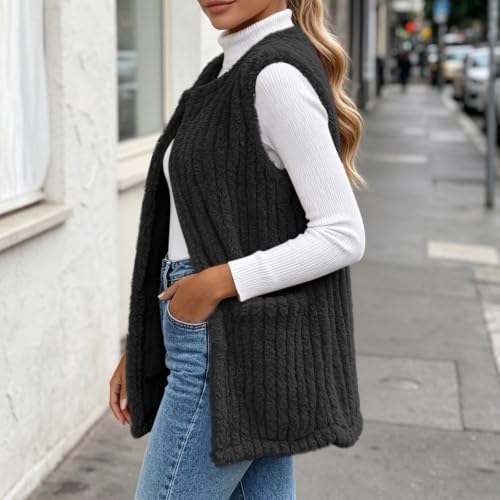 Womens Sherpa Fleece Vest Open Front Longline Pockets Casual Fall Layering - image 7