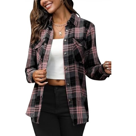siliteelon Flannel Shirt Women Plaid Shirts Button Down Long Sleeve Oversized Cotton Boyfriend Casual Roll Up Blouse Tops Cover