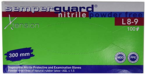 Preisvergleich Produktbild Semperguard 3000004102 Xtension Extra langer Einmalschutz und Untersuchungshandschuh aus Nitrillatex, puderfrei, Größe L, 8-9, Blau (100 er-Pack)