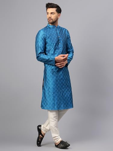 Image of LATEST CHIKAN Men's Silk Chikankari Kurta with Cream Churidar | Festive Set - KP Silk BANARSI