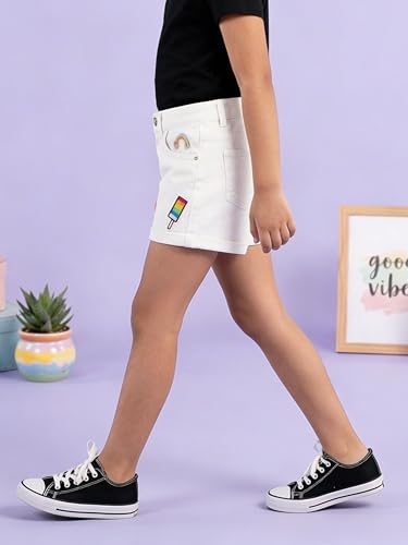 Image of KiddoPanti Girls Tight Length Rollup Denim Shorts with Lavender and Pink 3D Crochet Flowers