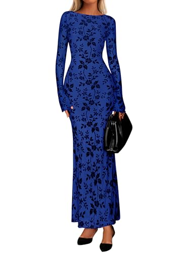 PRETTYGARDEN Women's Floral Bodycon Maxi Dress 2025 Fall Elegant Mesh Long Sleeve Formal Wedding Guest Cocktail Dresses (Royal Blue,Medium)