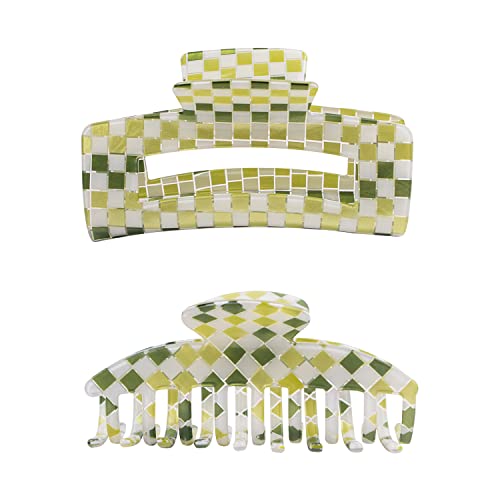 Hair Claw Clips for Women, Large Hair Clips for Thick Hair and Thin Hair, Vintage Checkered Claw Clips Cellulose Acetate Banana Clips French Fashion Cute Hair Clamps for Long Curly Hair (Green)