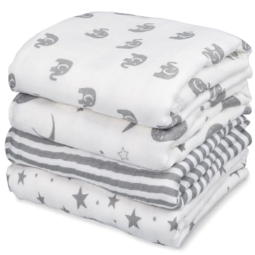 Image of GLLQUEN BABY Muslin Swaddle Blankets 4-Pack Breathable Receiving Blankets (35" x 40") Soft Baby Blankets for Girls and Boys Newborn Essentials Muslin Burp Cloths Swaddle Wrap Baby Gift (Elephant)
