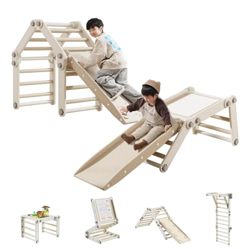 UNICOO® Kids Ultimate Convertible Jungle Gym & Climbing Frame Set, 12+ Configurations, Indoor Kids Climbing Toys, Toddler Jungle Gym Frame, Whiteboard, Building Block Table, Ramp & Slide (Gray)