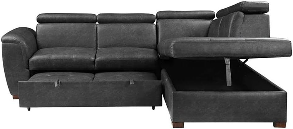 Pemberly Row 2-Piece Sectional Sofa, Gray Faux Leather Upholstery, Tufted Design, Pull-Out Bed, Hidden Storage Chaise, Adjustable Headrests, Solid Wood Legs, Modern Living Room Seating with Comfort