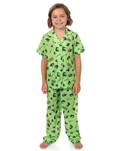 INTIMO Wicked Girls Elphaba Pajamas Chibi Broom Hat Button-Up Shirt Pajama Set for Kids (10/12) Green