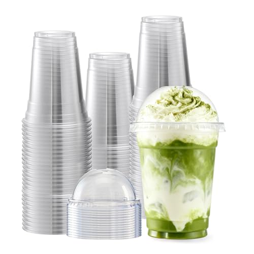 Goodluck Plastic Cups with Dome Lids 50 Pack 12oz/340ml Clear Cold Drinks Plastic Cup Perfect for Iced Coffee Milkshake Slurpee Ice Cream Slush Tea Smoothie
