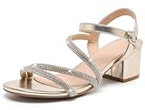 DADAWEN Women's Strappy Open Toe Rhinestone Low Block Chunky Heels Sandals Ankle Buckle Heeled Sandals Wedding Party Dress Pumps Shoes Gold US Size 10