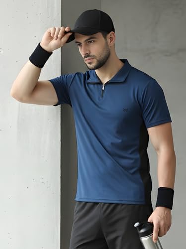 Image of White Moon Dryfit Tshirt for Men, Gym T Shirt for Men Workout - Running with Collar Zipper Neck and Side Panel, Quick-Dry, Anti-Odor Sports Tshirt, Lightweight & Breathable