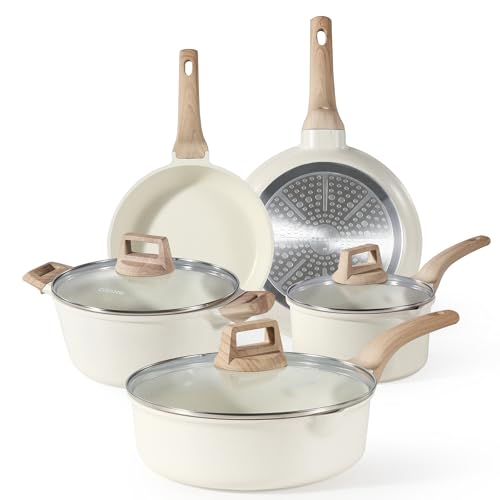 CAROTE Juego de ollas y sartenes antiadherentes, juego de 8 sartenes de inducción de granito blanco, juego de utensilios de cocina naturales no tóxicos con juego de cacerola, apto para todas las