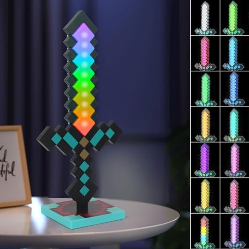 Hojalis Glowing Diamond Sword 39 cm Pickaxe Sword Toys Pixel Light-Up LED Sword Toy with 14 Adjustable Colour Rechargeable Toy Weapon Battle Accessory Game Accessories Gift for Video Game Fans